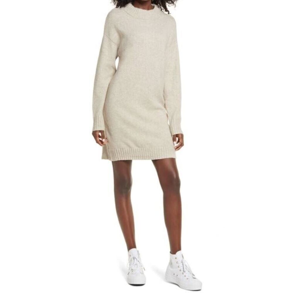BP. Easy Crewneck Long Sleeve Sweater Dress In Beige Oatmeal Heather XSmall‎ $49